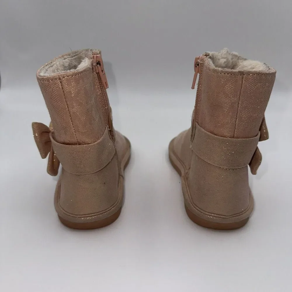 Michael Kors Girls Toddler Size 8 Pink Gold Shimmer Bow Faux Fur Winter‎ Boots